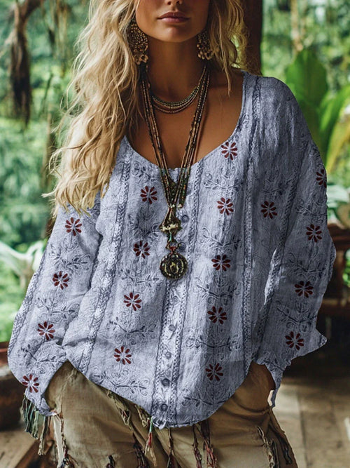 Damen-Bluse im Westernstil Boho-Shirt Bluse mit Blumenmuster Modern lässig Langarm V-Ausschnitt Reguläre Oberteile Alltag Urlaub Ausgehen Print Hellgrün Rosa Blau Lila Grün Sommer Herbst